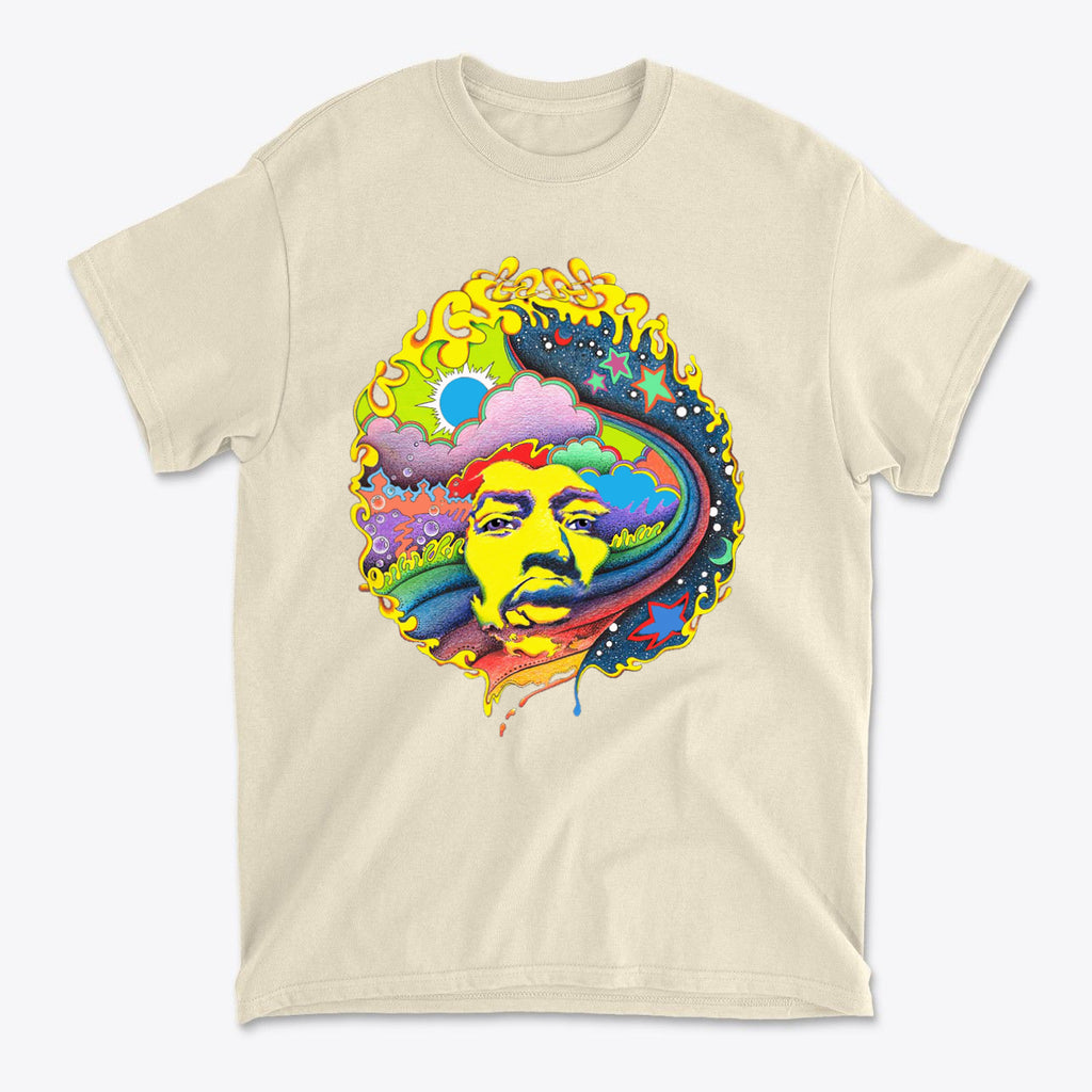 Vivid Hendrix In Original Color tee featuring vibrant psychedelic design and high-quality fabric.