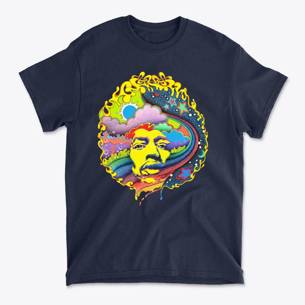 Vivid Hendrix In Original Color tee featuring vibrant psychedelic design and high-quality Gildan construction.