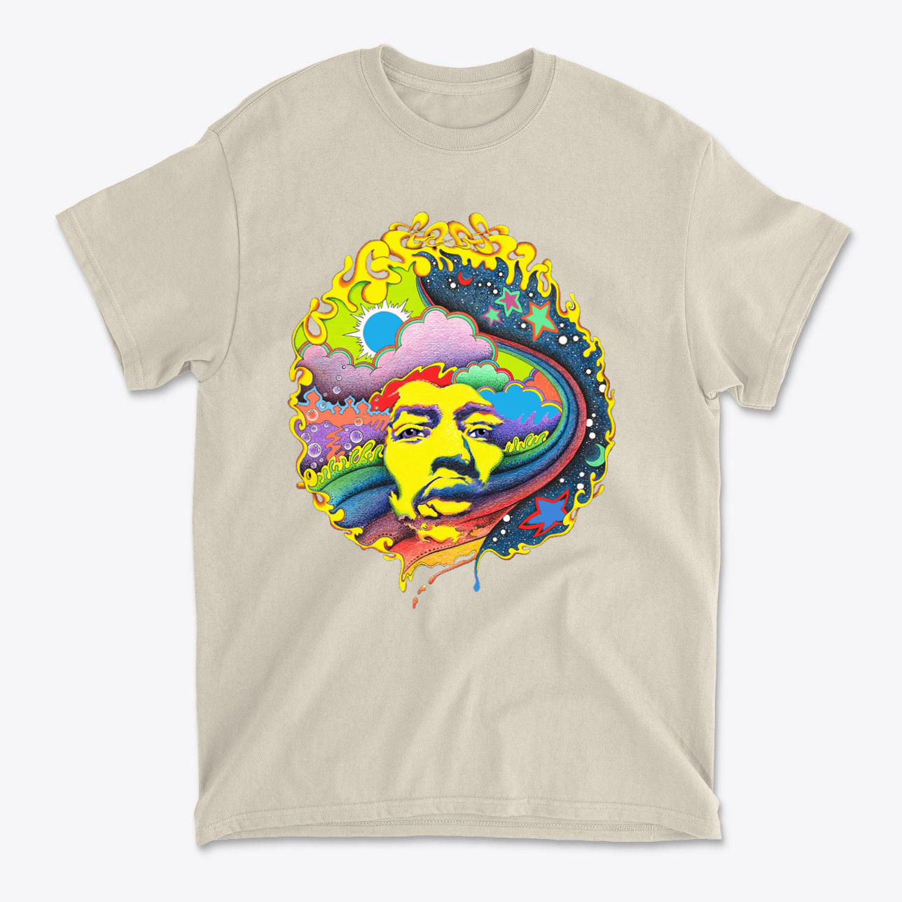 Vivid Hendrix In Original Color tee featuring vibrant psychedelic art and colorful design.