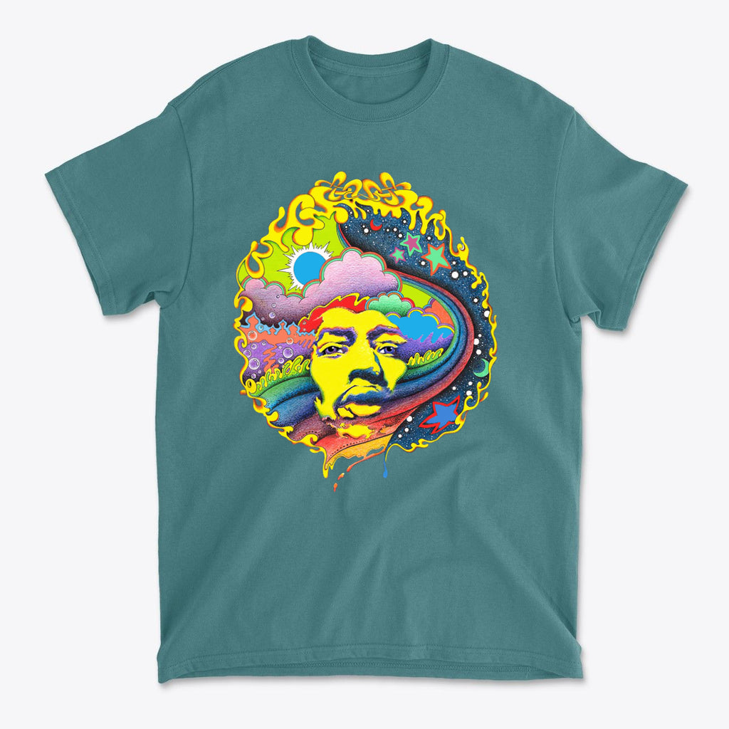 Vivid Hendrix In Original Color tee featuring vibrant psychedelic design and high-quality Gildan construction.
