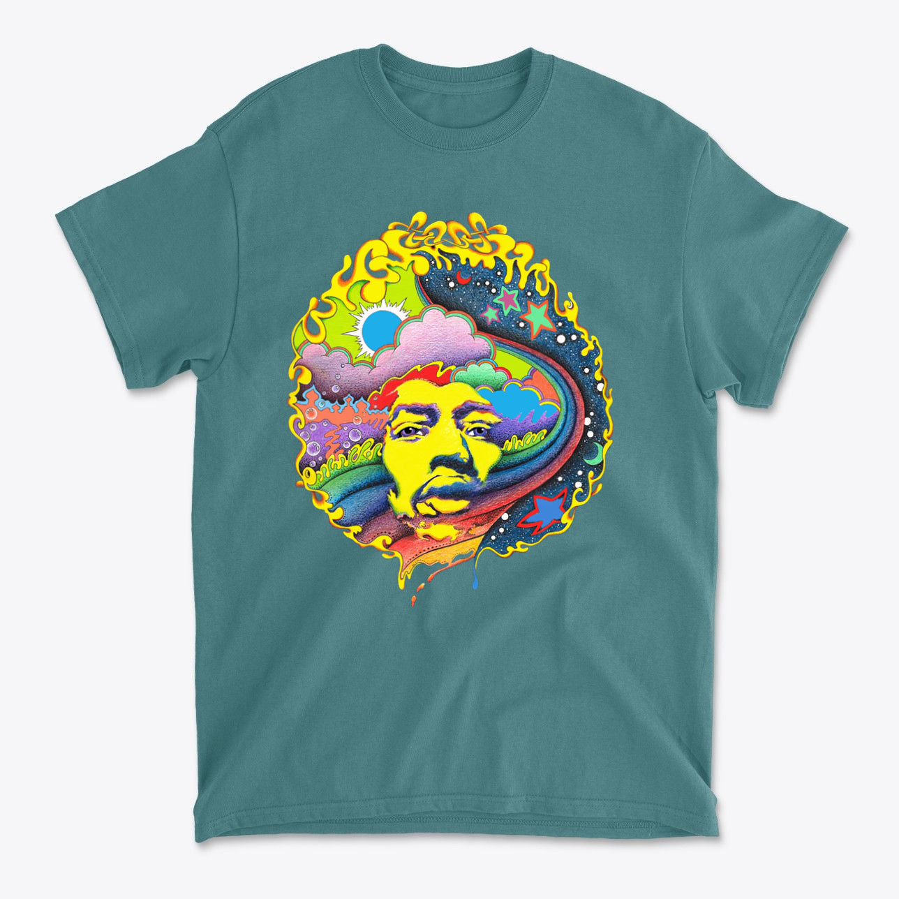 Vivid Hendrix In Original Color tee featuring vibrant psychedelic design and high-quality Gildan construction.
