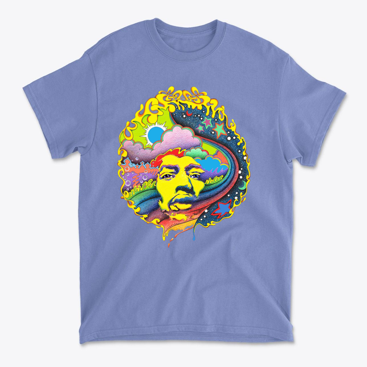 Vivid Hendrix In Original Color tee featuring vibrant psychedelic design on blue background.