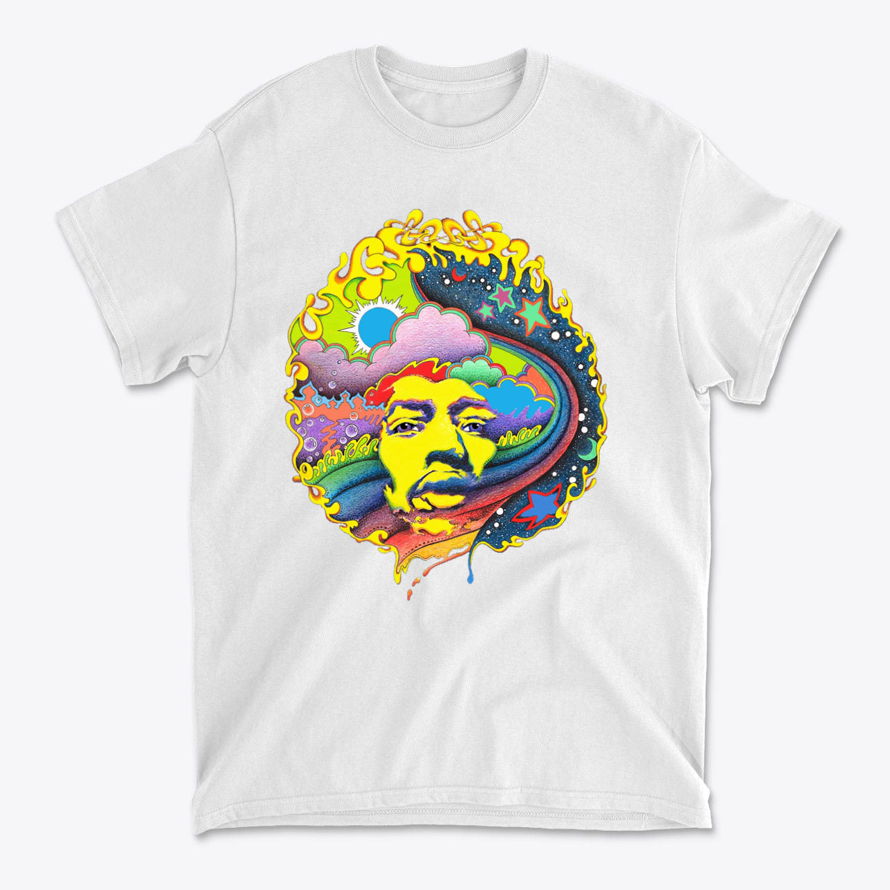 Vivid Hendrix In Original Color  tee featuring vibrant psychedelic design on a white shirt.