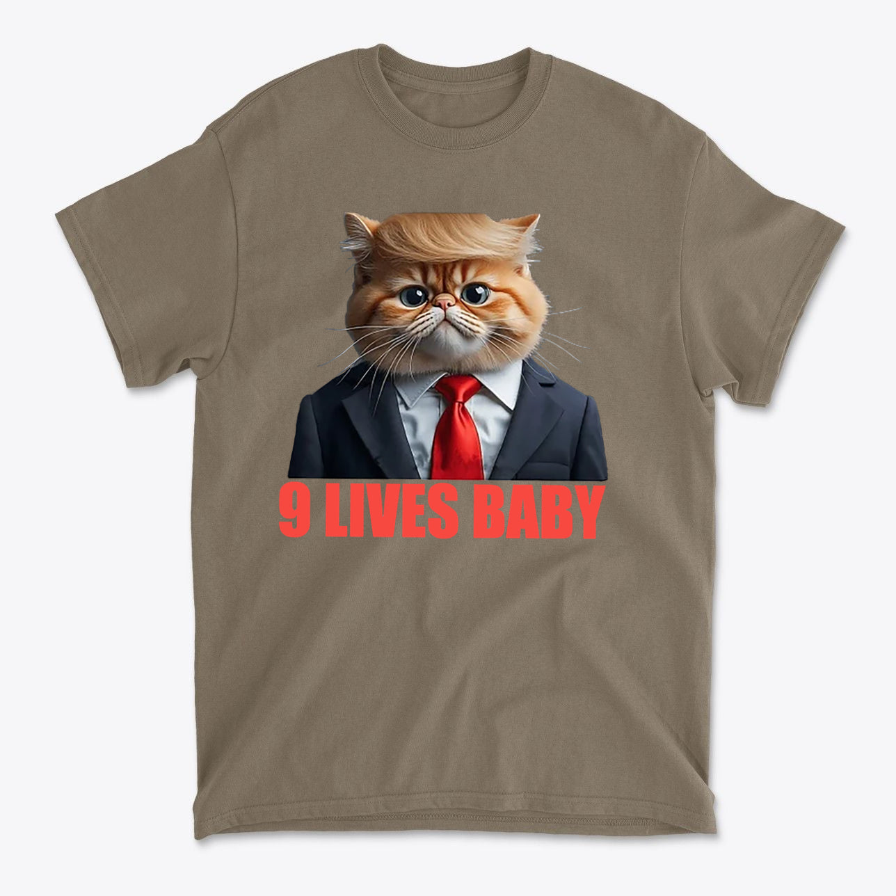 9 Lives Baby Cute Cat Graphic Casual T-Shirt Design featuring a cat in a suit and tie with a playful expression.