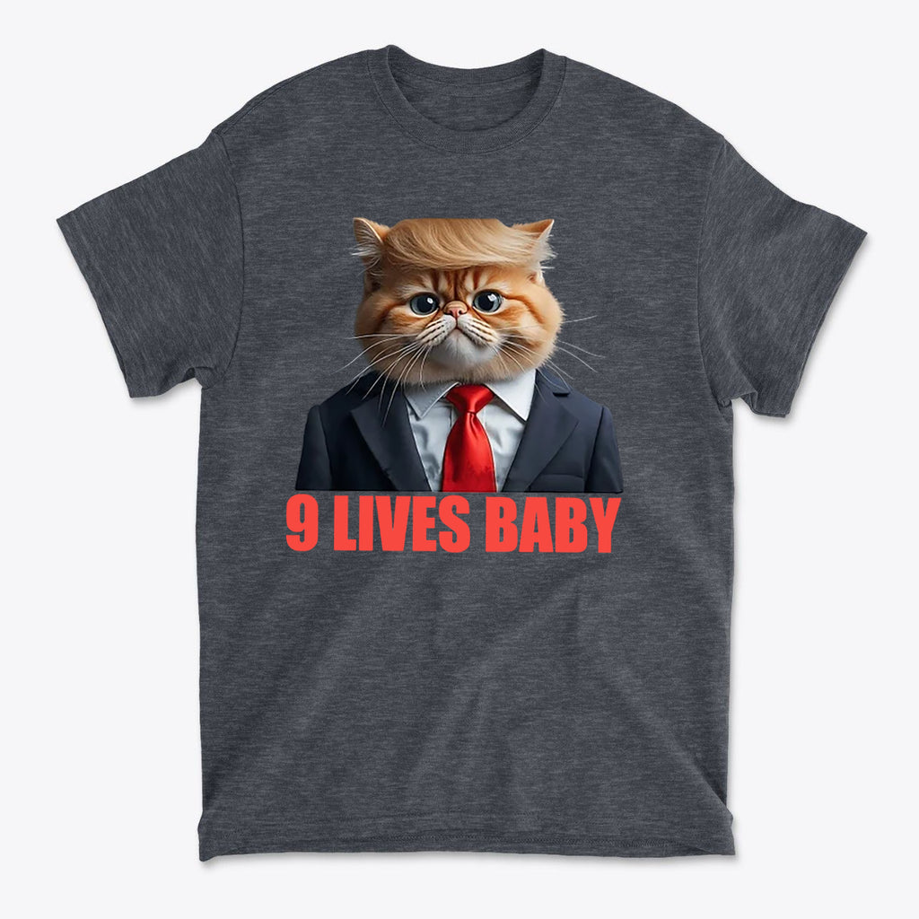 9 Lives Baby Cute Cat Graphic Casual T-Shirt Design featuring a cat in a suit with a playful expression.