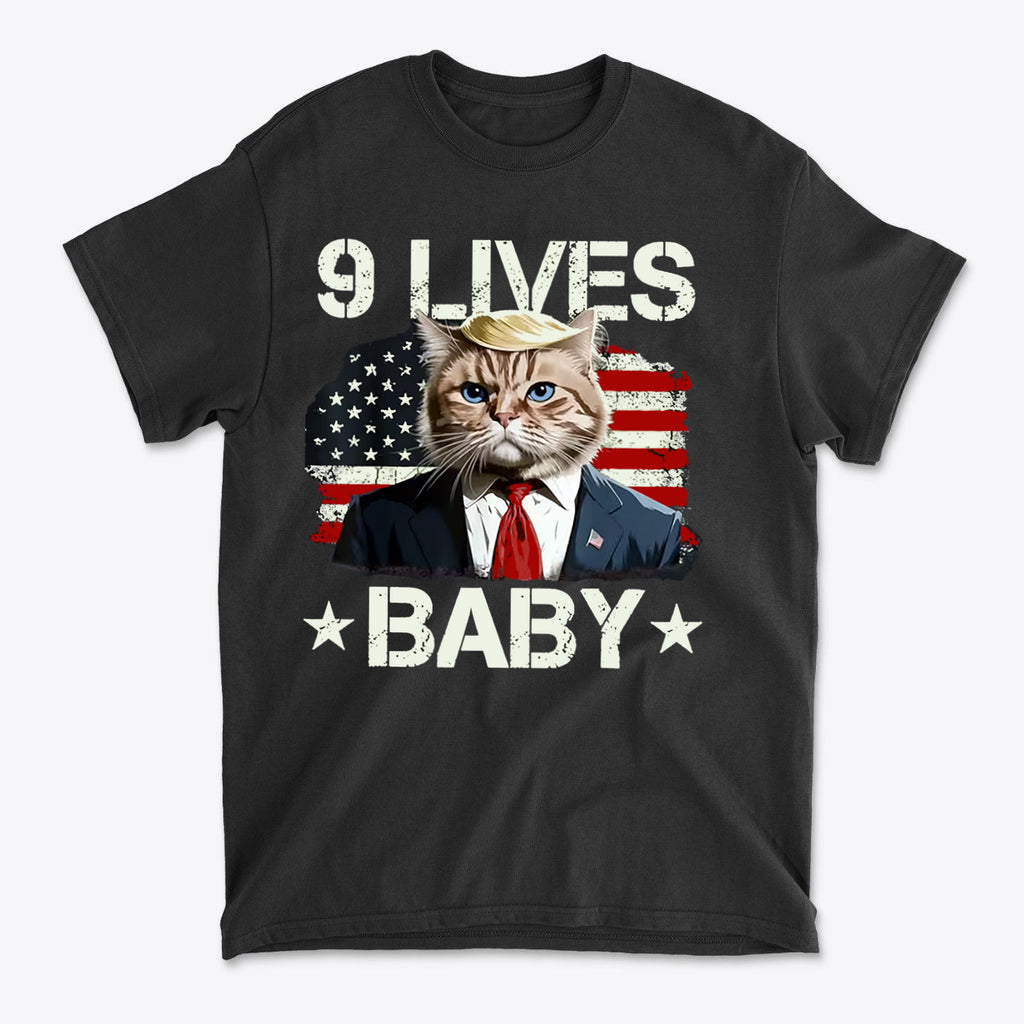 Nine Lives Baby Flag Art Style graphic tee featuring a cat in a suit with an American flag background.
