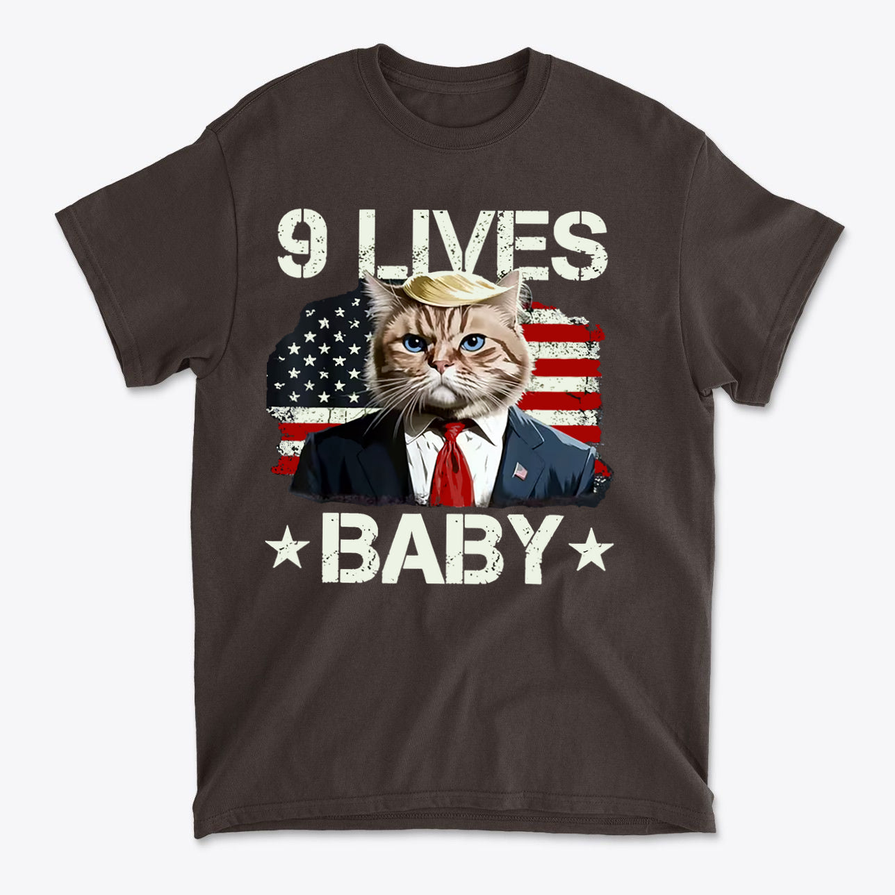 Nine Lives Baby Flag Art Style graphic tee featuring a cat in a suit against a patriotic background.