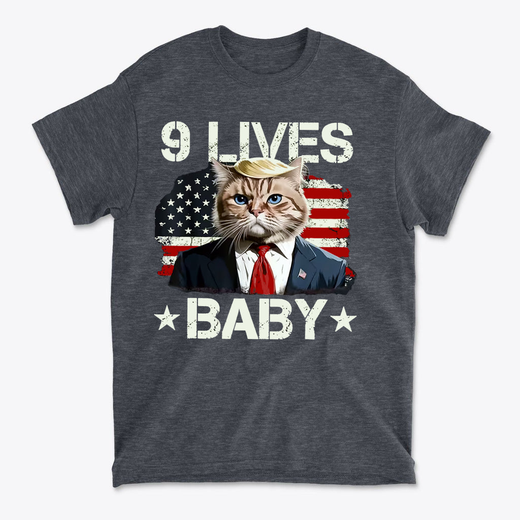 Nine Lives Baby Flag Art Style graphic tee featuring a cat in a suit against a patriotic background.
