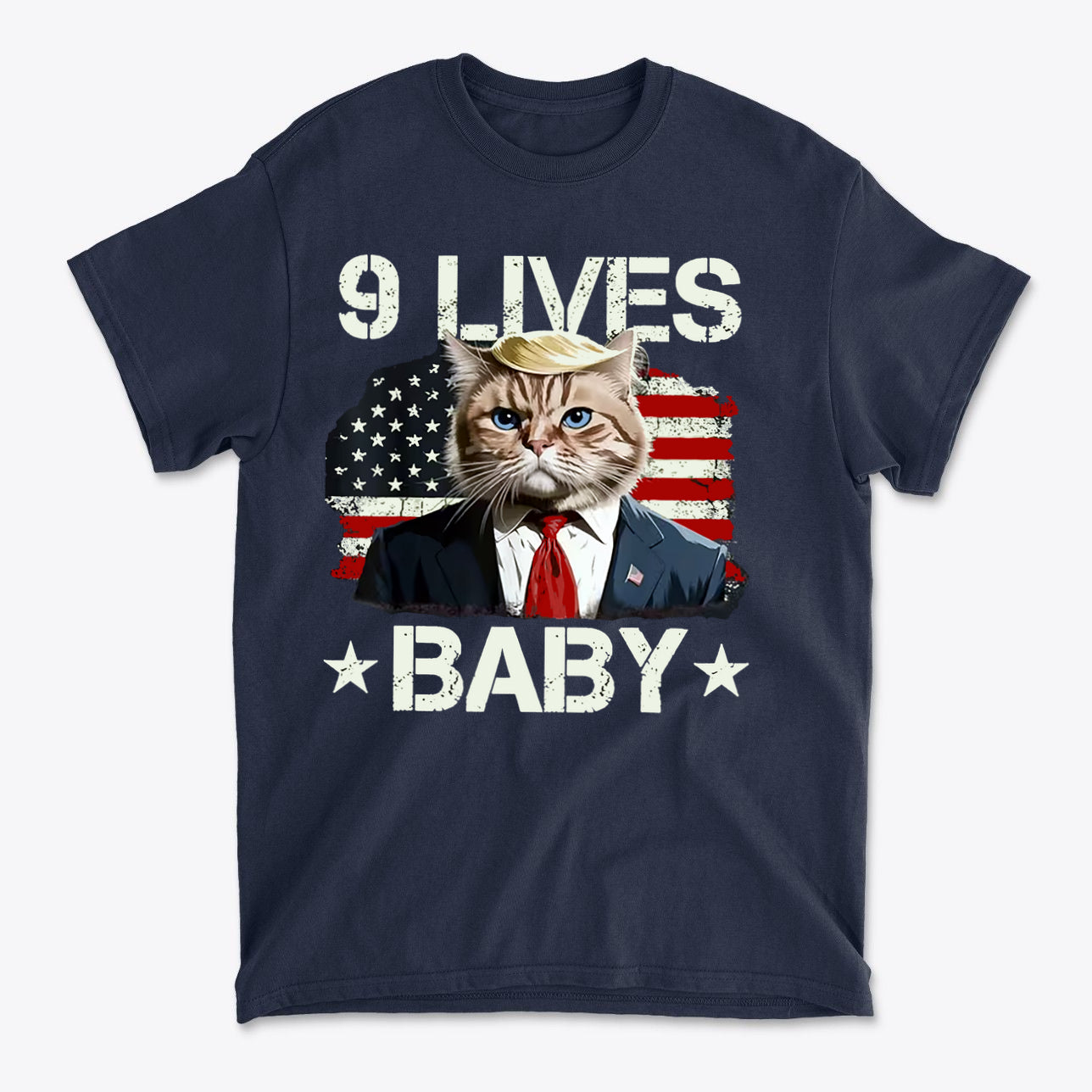 Nine Lives Baby Flag Art Style graphic tee featuring a cat in a suit against an American flag background.