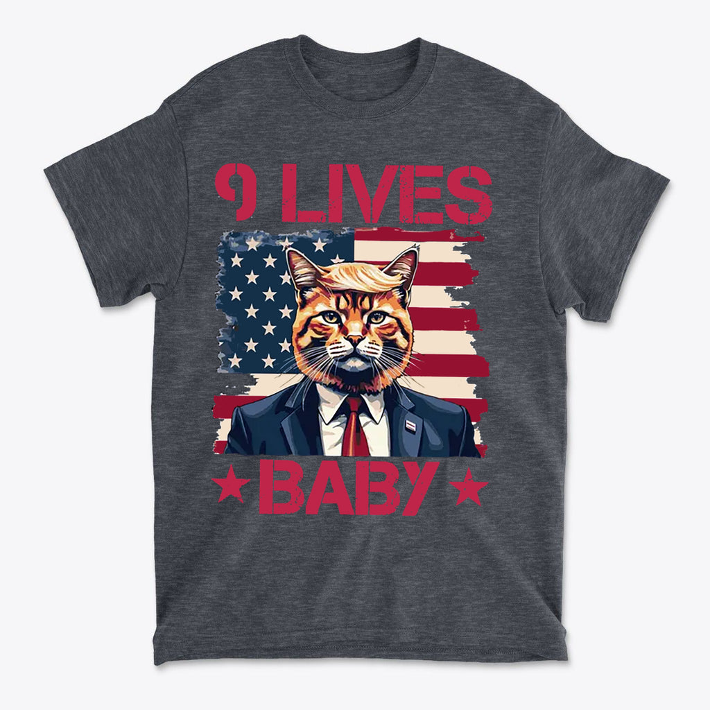 Nine Lives Baby Red Letters Art graphic tee featuring a cat in a suit against a patriotic background.