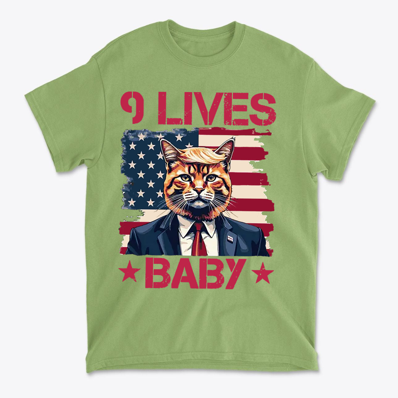 Nine Lives Baby Red Letters Art graphic tee featuring a cat in a suit against an American flag background.
