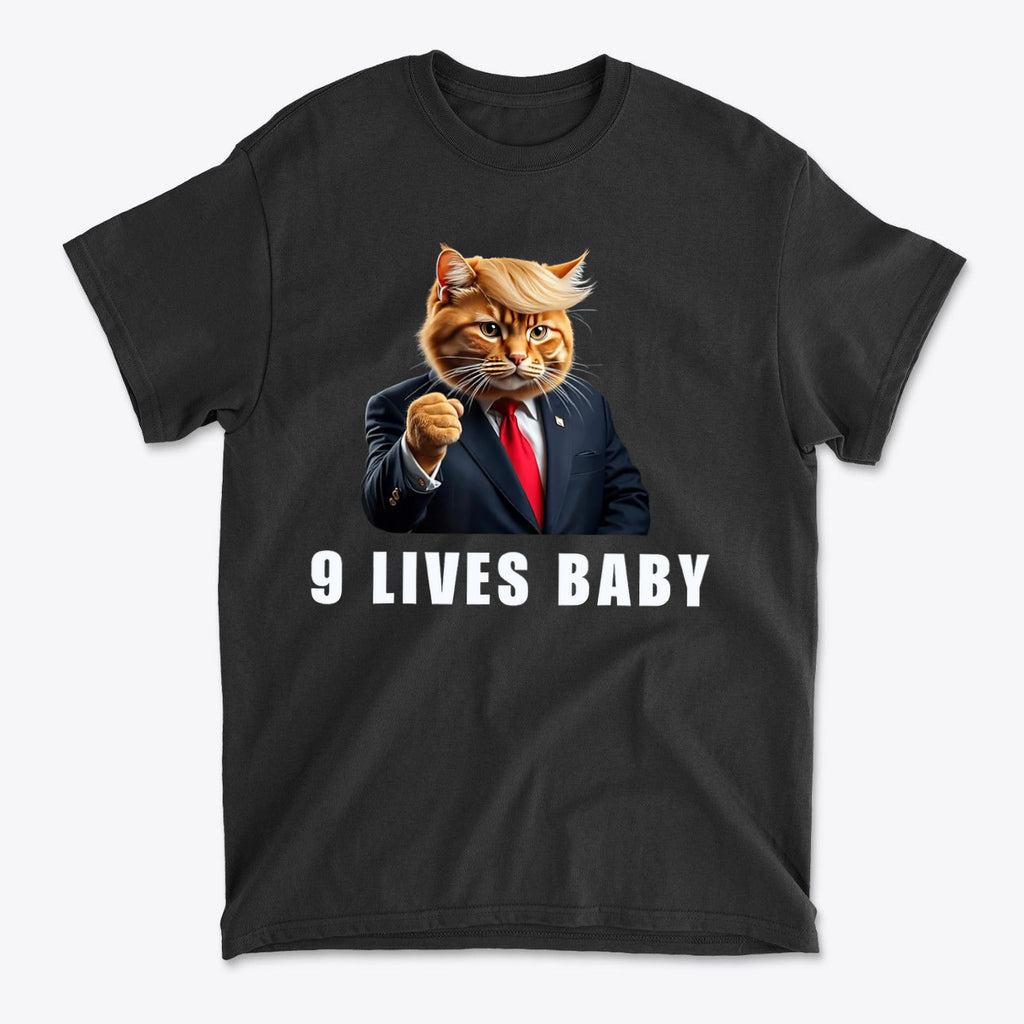 Nine Lives Baby Fist Art Style graphic tee featuring a cat wearing a suit and tie.