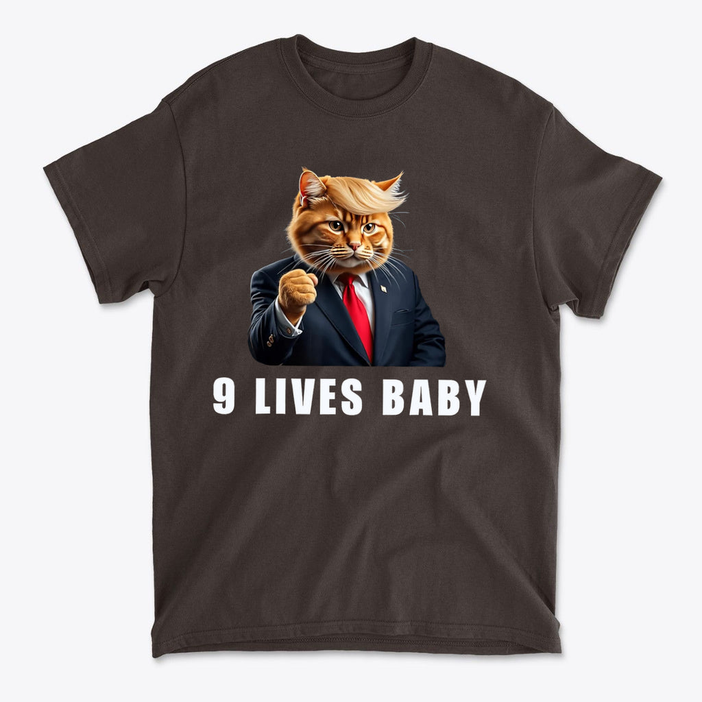 Nine Lives Baby Fist Art Style graphic tee featuring a cat with a suit and tie, symbolizing patriotism.
