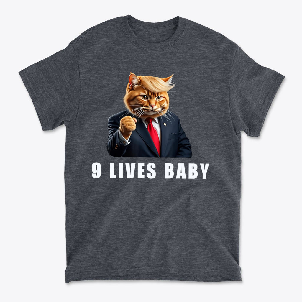 Nine Lives Baby Fist Art Style graphic tee featuring a cat in a suit with the text '9 LIVES BABY'