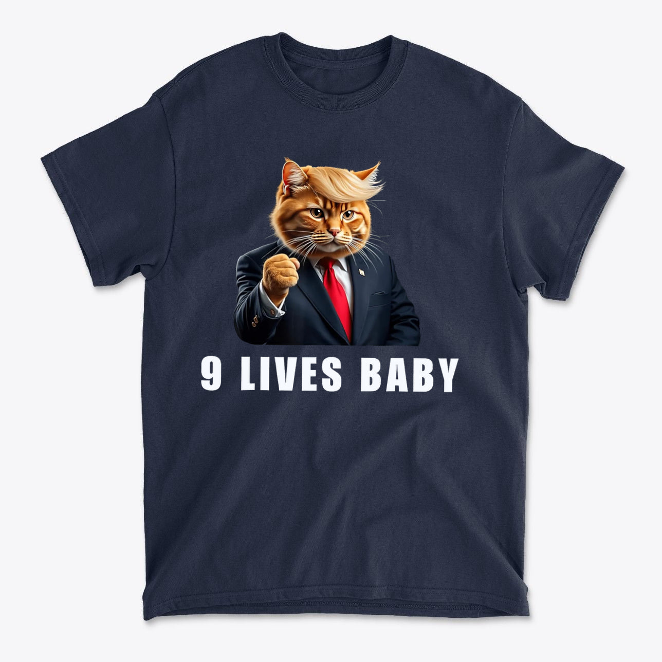Nine Lives Baby Fist Art Style graphic tee featuring a cat in a suit resembling a famous figure.