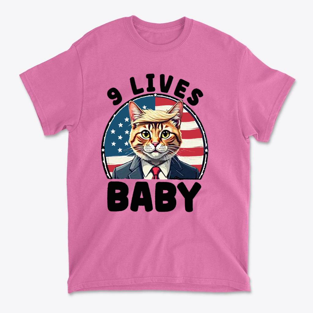 Nine Lives US Flag Round Design graphic tee featuring a cat in a suit with an American flag background.
