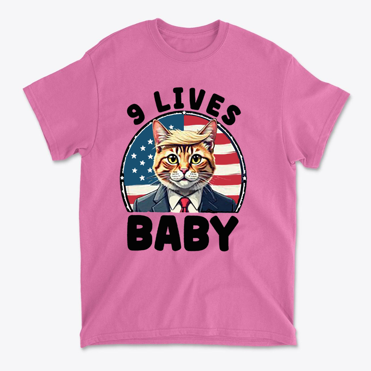 Nine Lives US Flag Round Design graphic tee featuring a cat in a suit with an American flag background.