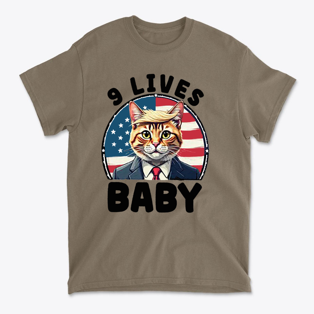 Nine Lives US Flag Round Design graphic tee featuring a cat in a suit with American flag background.