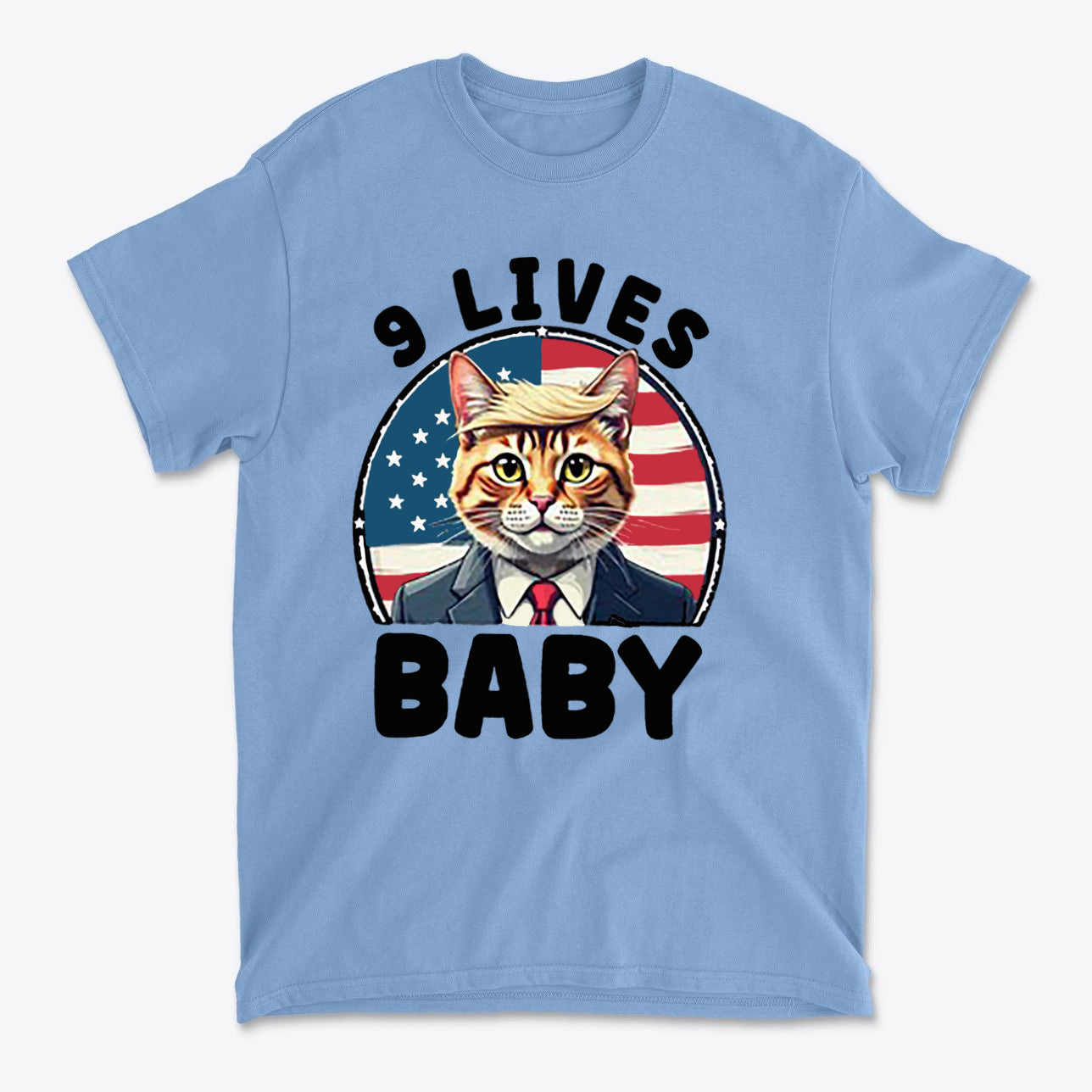 Nine Lives US Flag Round Design graphic tee featuring a cat in a suit with the text '9 Lives Baby'.