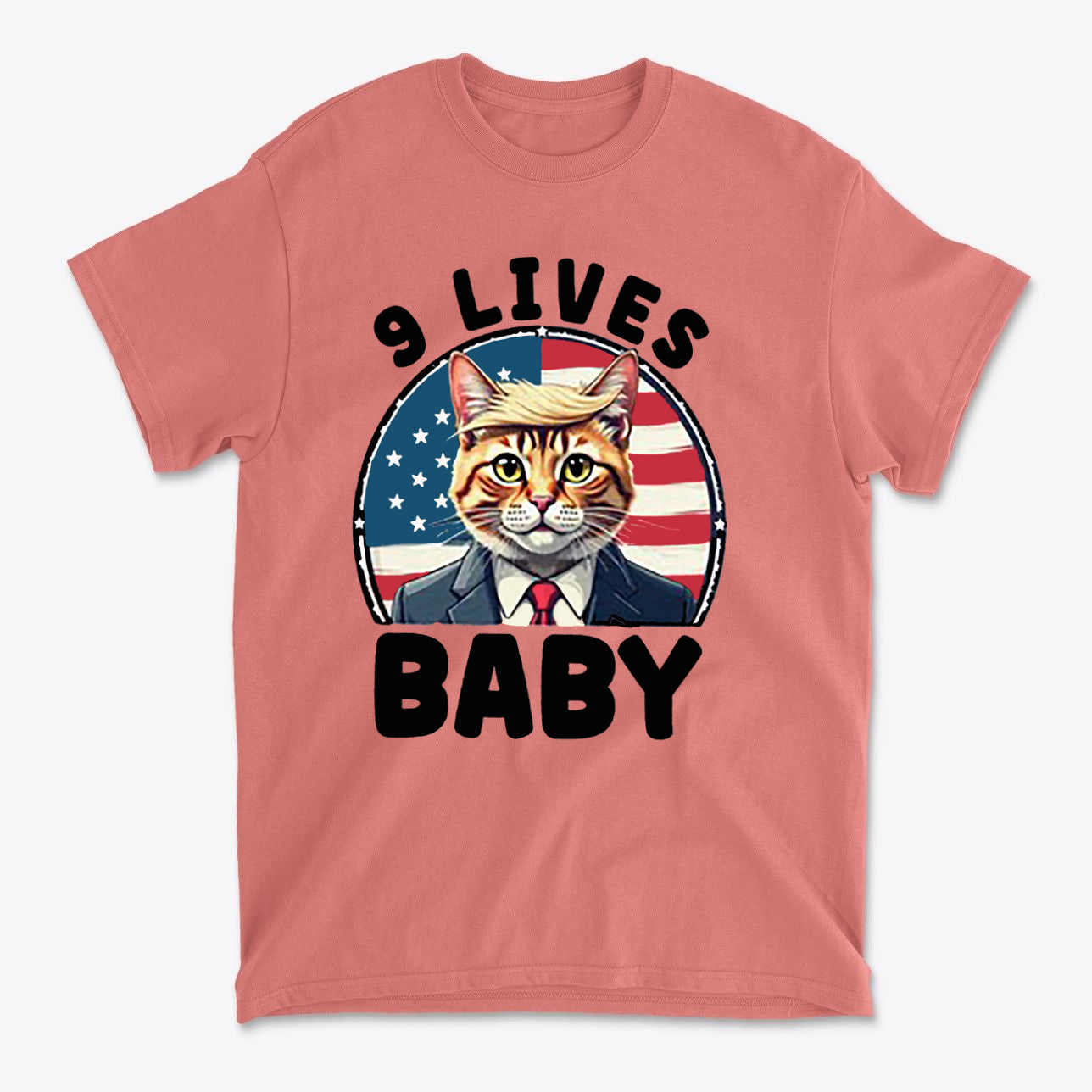 Nine Lives US Flag Round Design graphic tee featuring a cat in a suit with an American flag background.