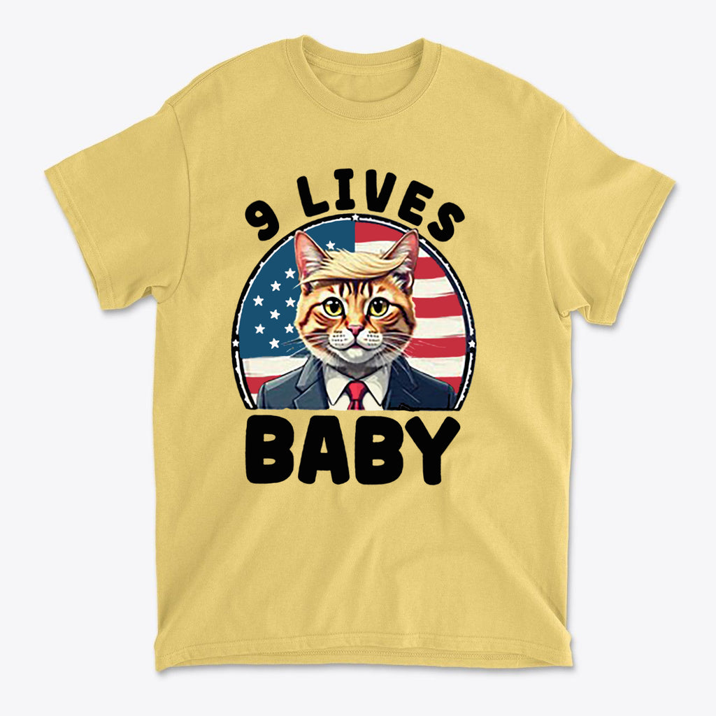 Nine Lives US Flag Round Design featuring a cat in a suit with an American flag backdrop on a yellow tee.