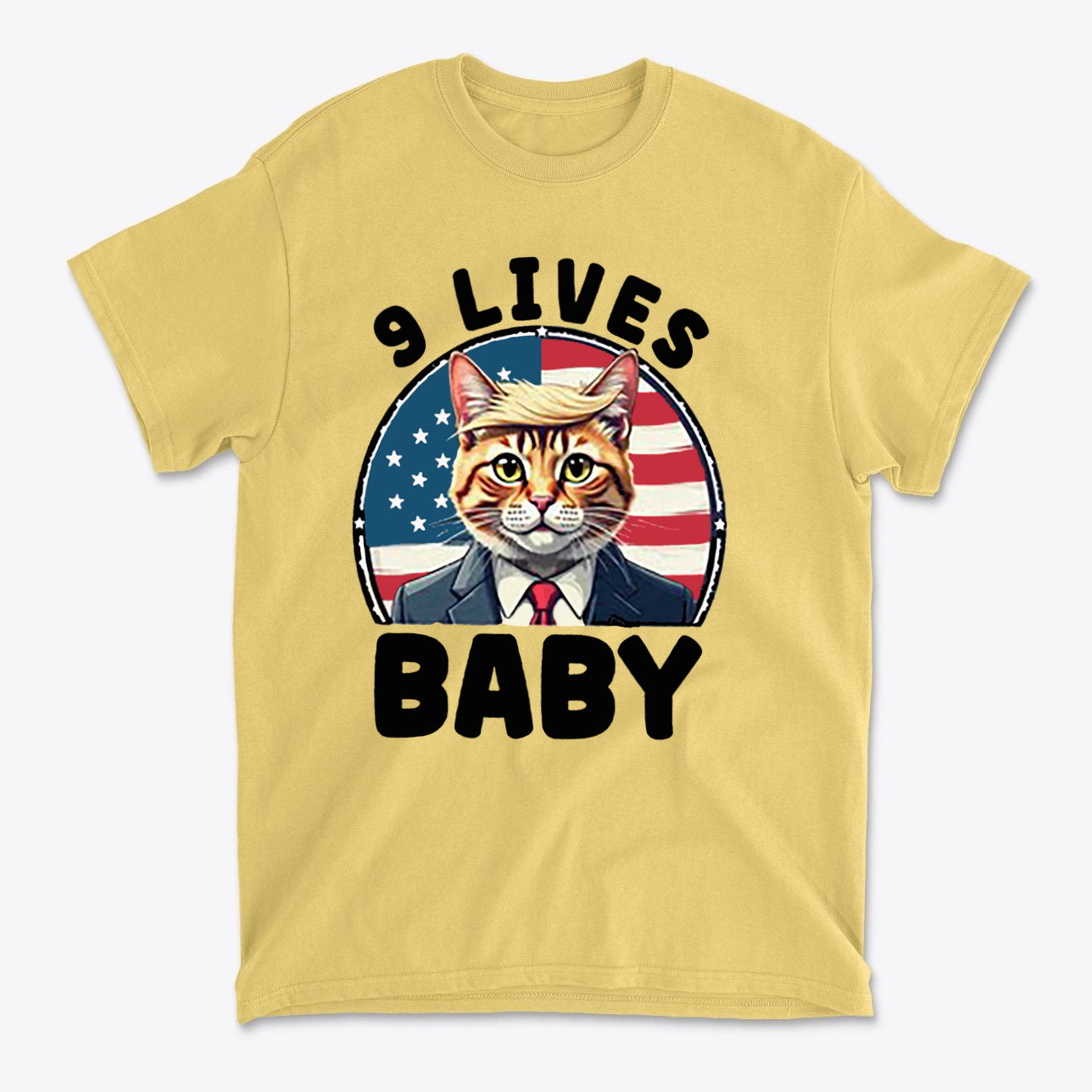 Nine Lives US Flag Round Design featuring a cat in a suit with an American flag backdrop on a yellow tee.