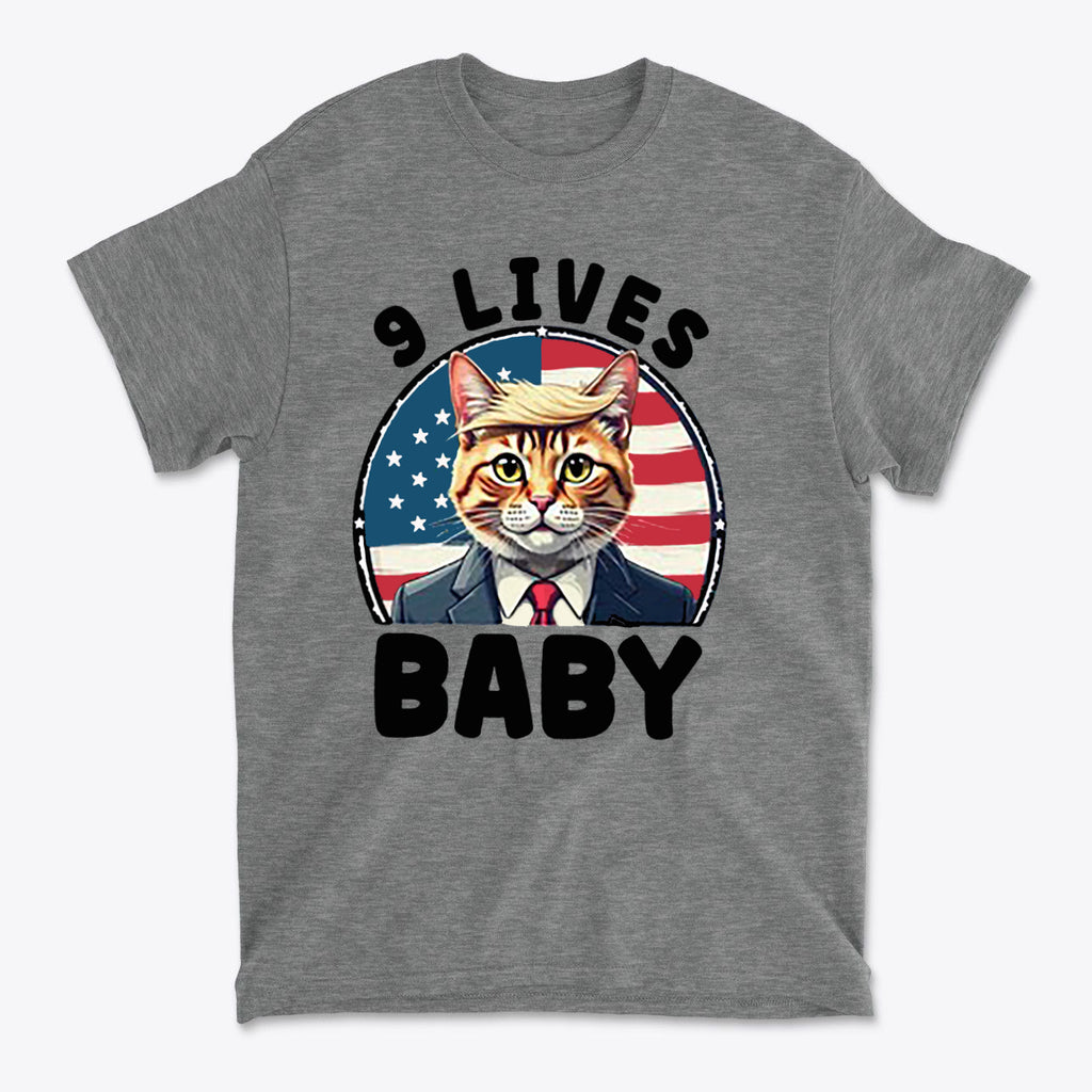 Nine Lives US Flag Round Design graphic tee featuring a cat in a suit with an American flag background.