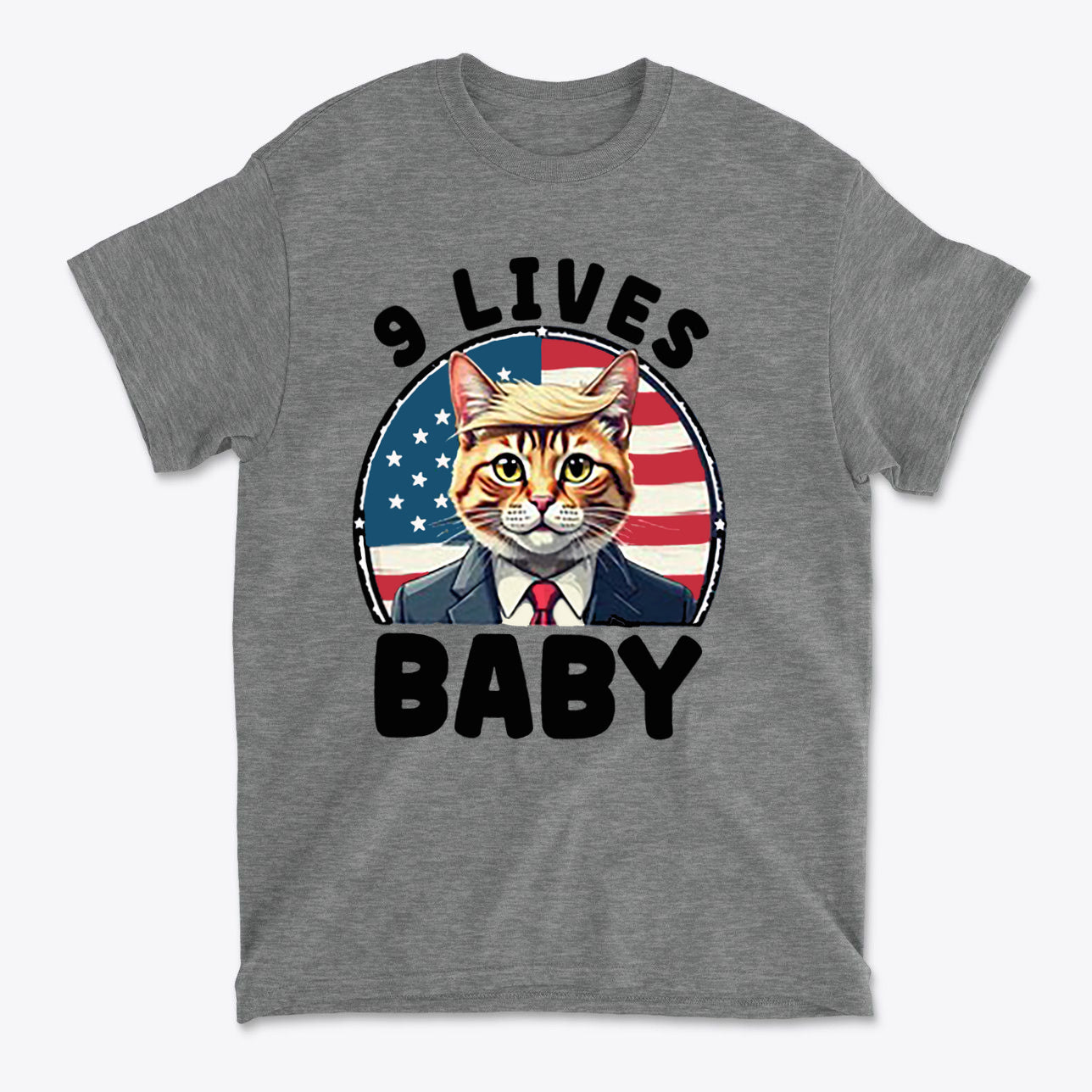 Nine Lives US Flag Round Design graphic tee featuring a cat in a suit with an American flag background.