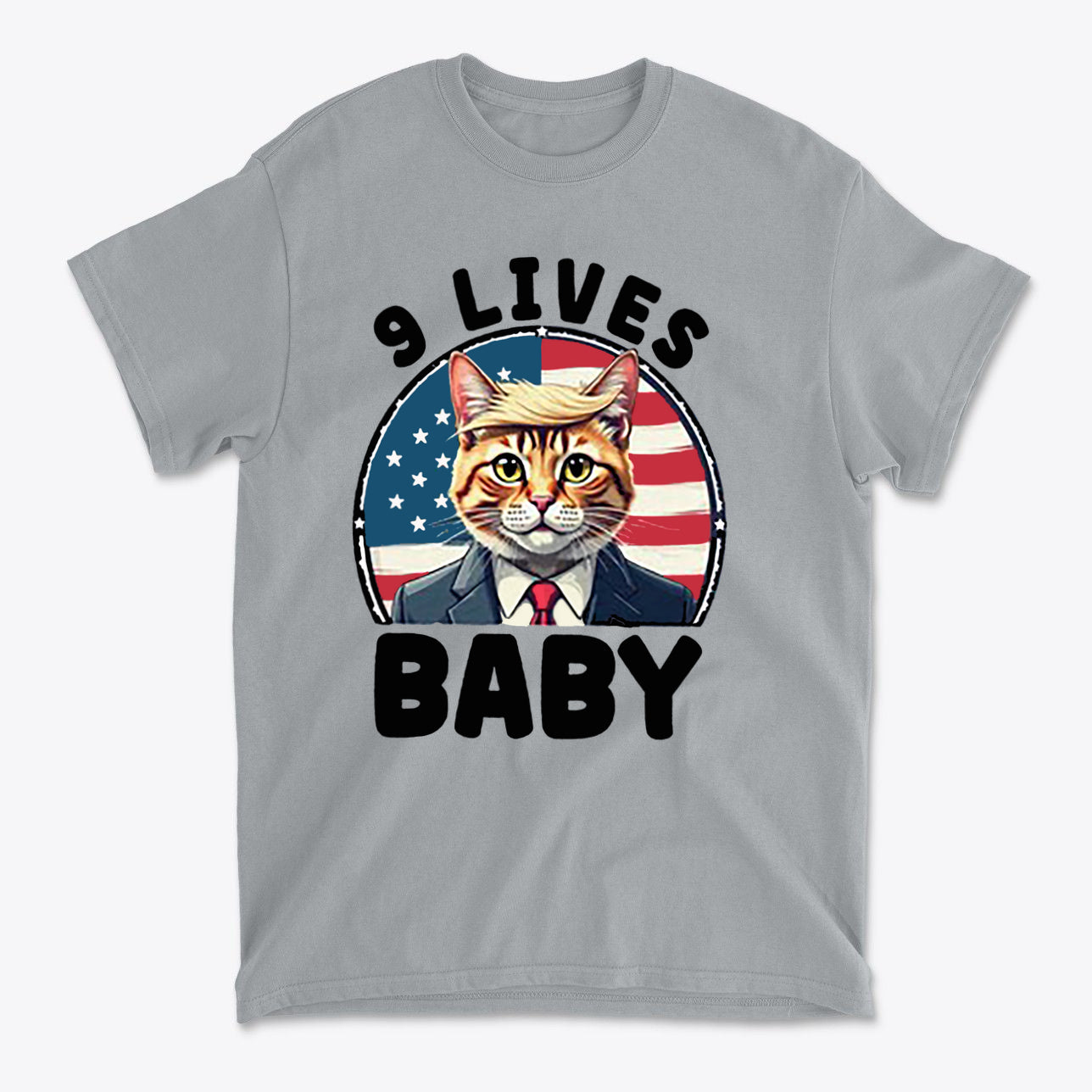 Nine Lives US Flag Round Design graphic tee featuring a cat in a suit and patriotic background.