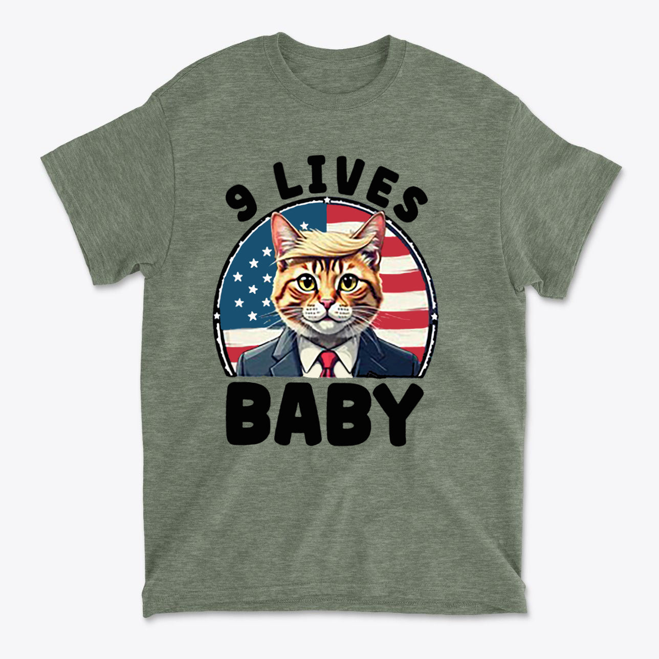 Nine Lives US Flag Round Design graphic tee featuring a cat in a suit with an American flag background.