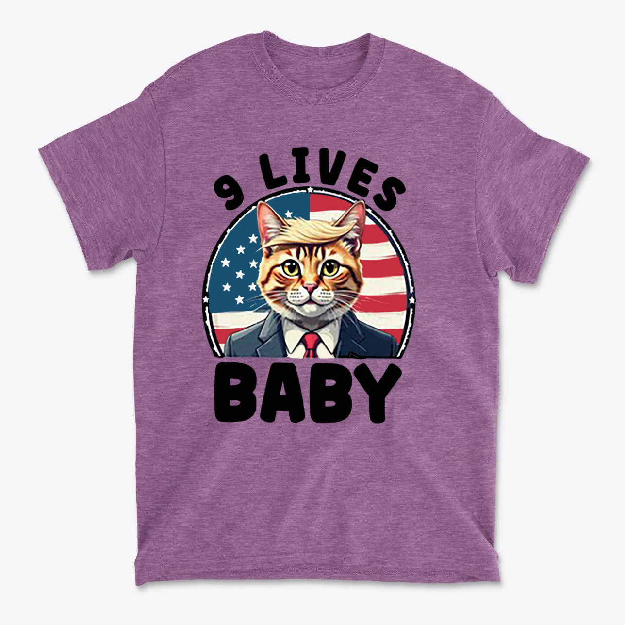 Nine Lives US Flag Round Design graphic tee featuring a cat in a suit against a patriotic background.
