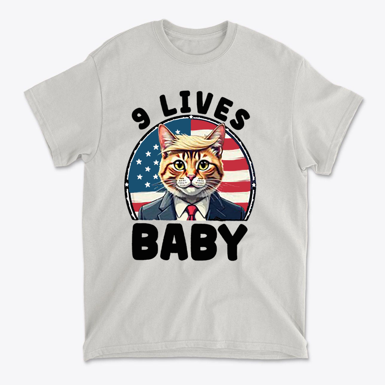 Nine Lives US Flag Round Design graphic tee featuring a cat in a suit against an American flag background.