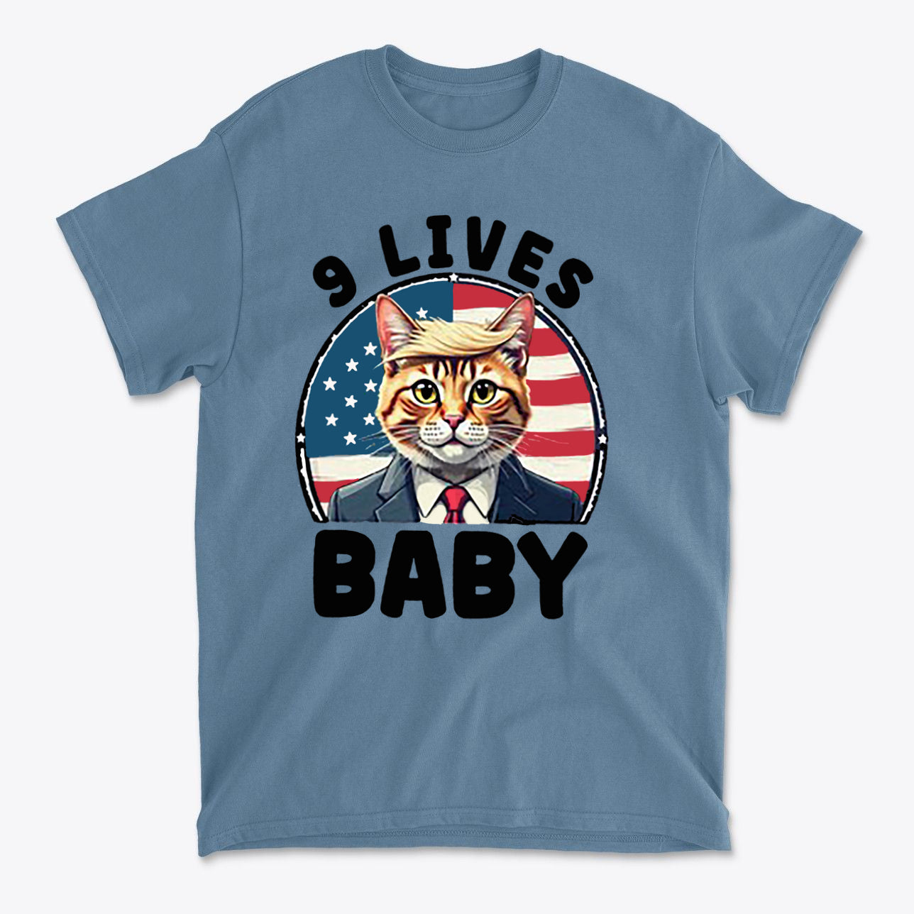 Nine Lives US Flag Round Design graphic tee featuring a cat in a suit with American flag background.