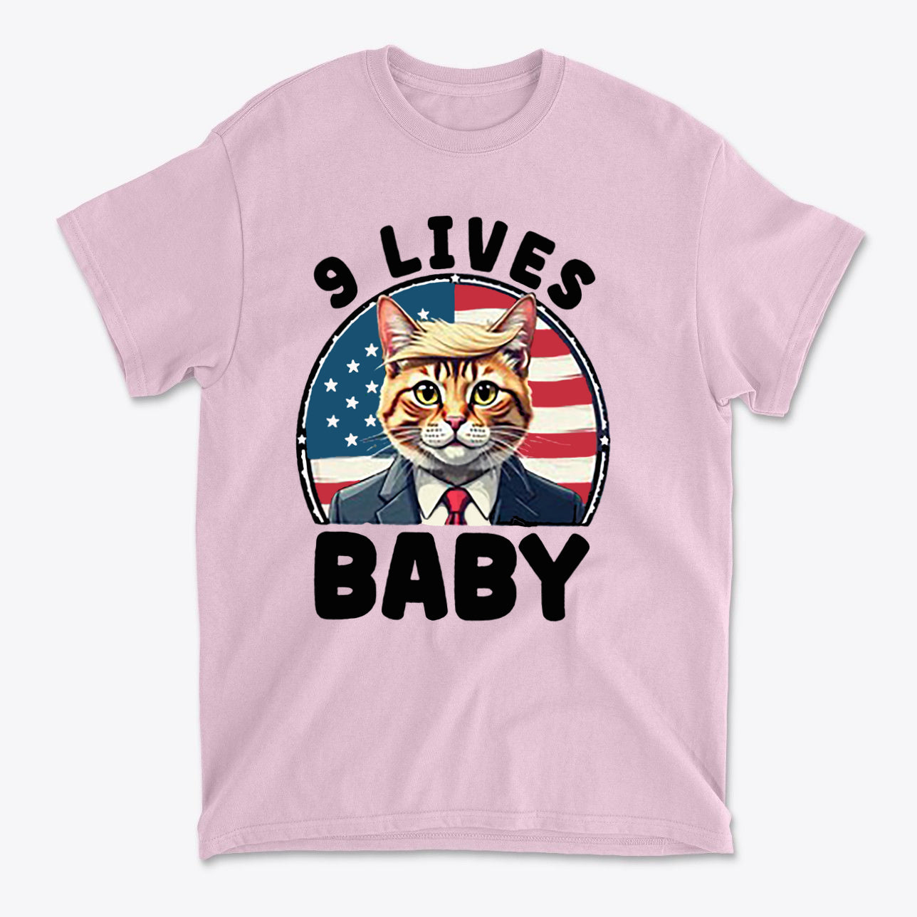 Nine Lives US Flag Round Design graphic tee featuring a cat in a suit with an American flag background.