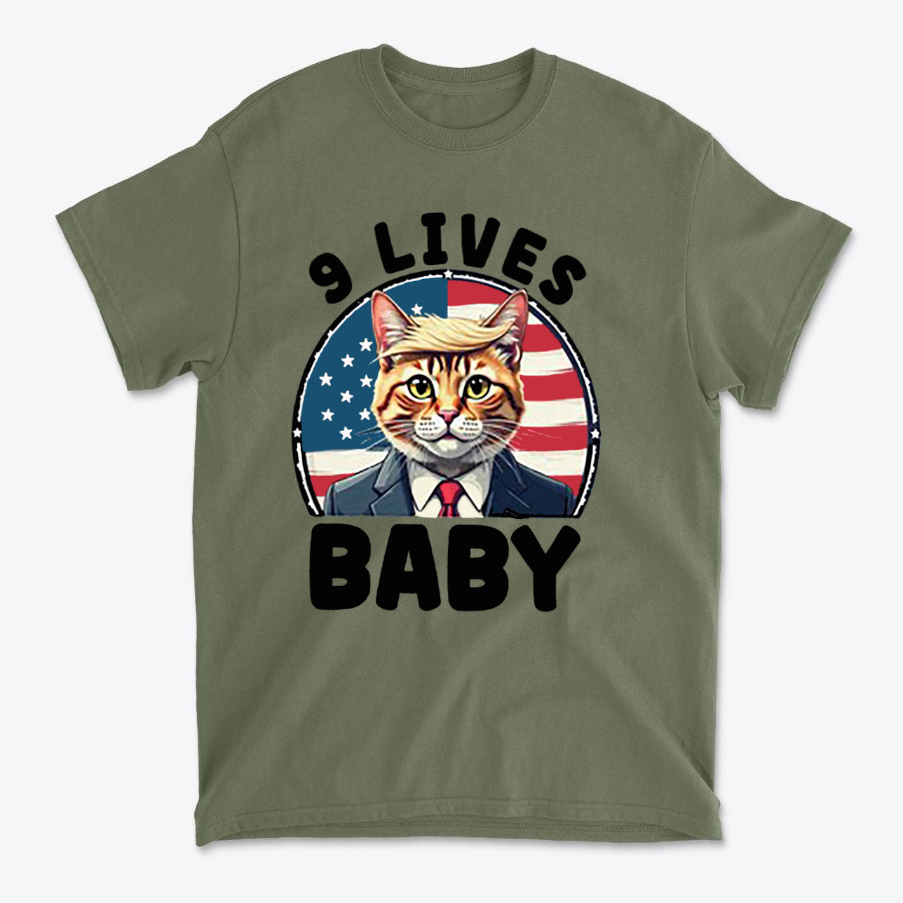 Nine Lives US Flag Round Design graphic tee featuring a cat in a suit against an American flag background.