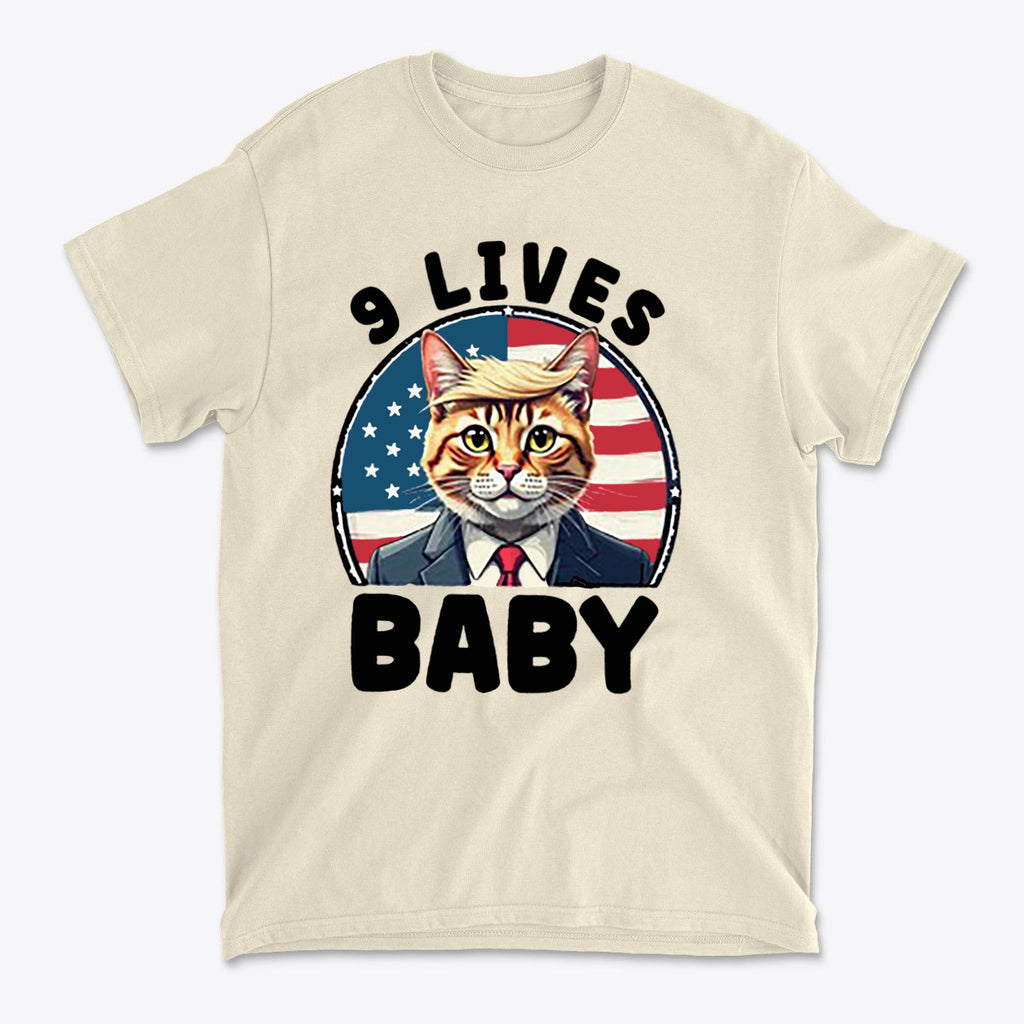 Nine Lives US Flag Round Design shirt featuring a cat in a suit with an American flag background.