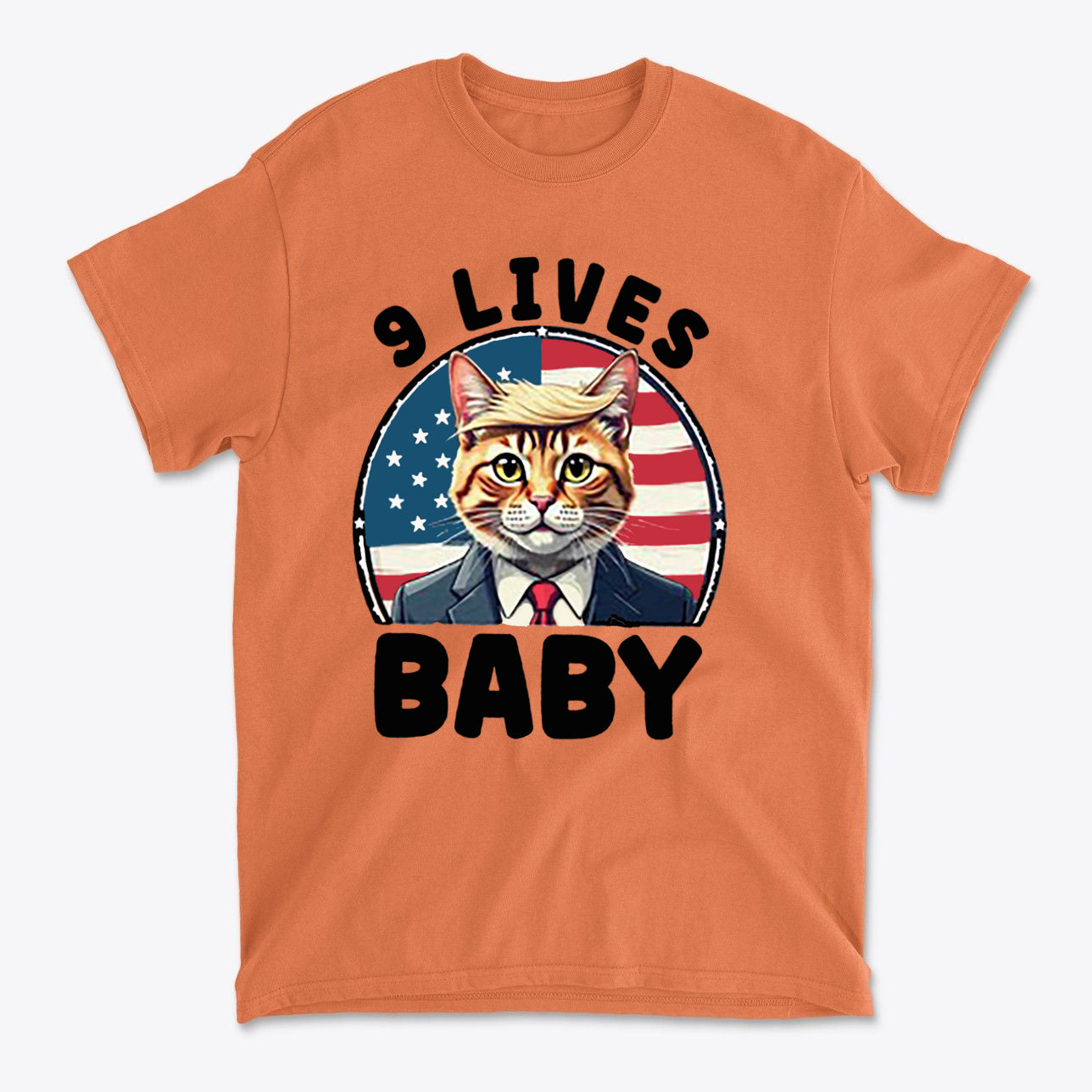 Nine Lives US Flag Round Design shirt with cat in suit and patriotic background.