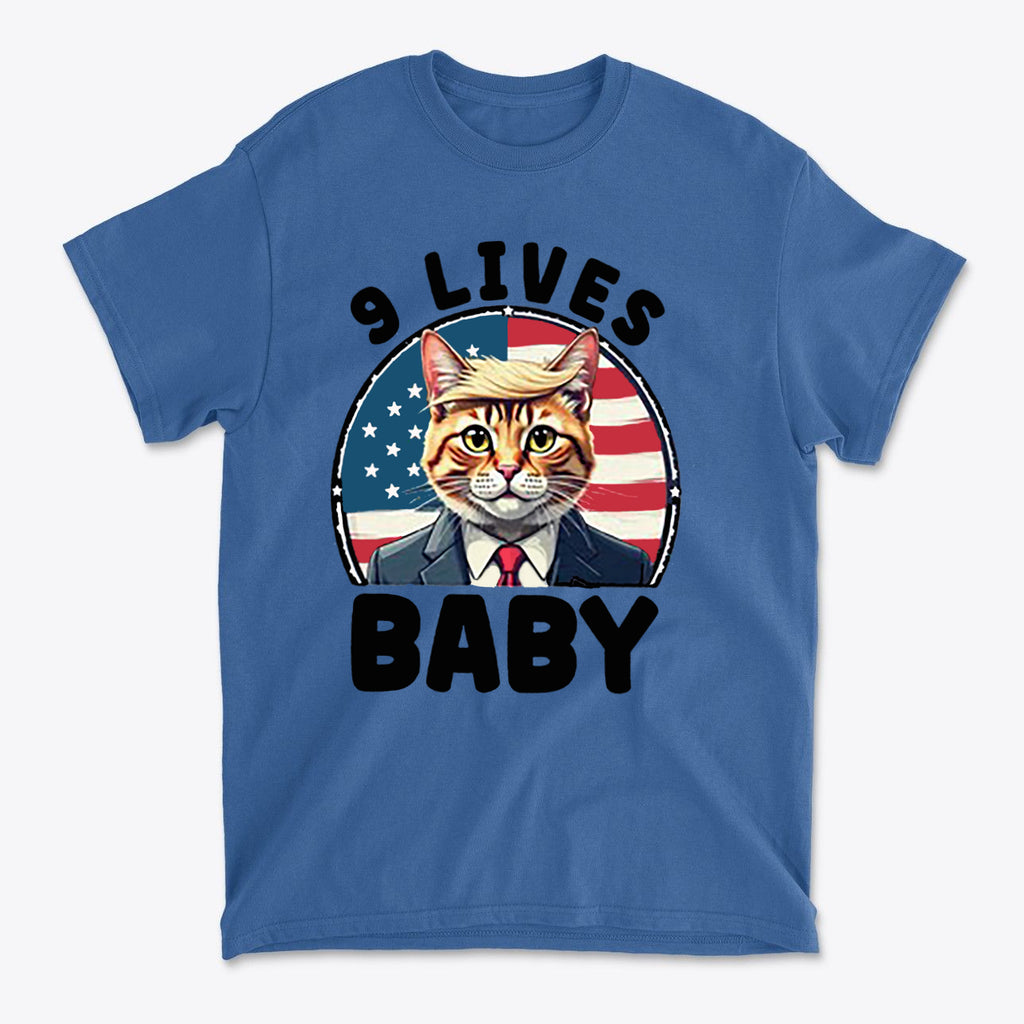 Nine Lives US Flag Round Design graphic tee featuring a cat in a suit, promoting patriotism and traditional values.