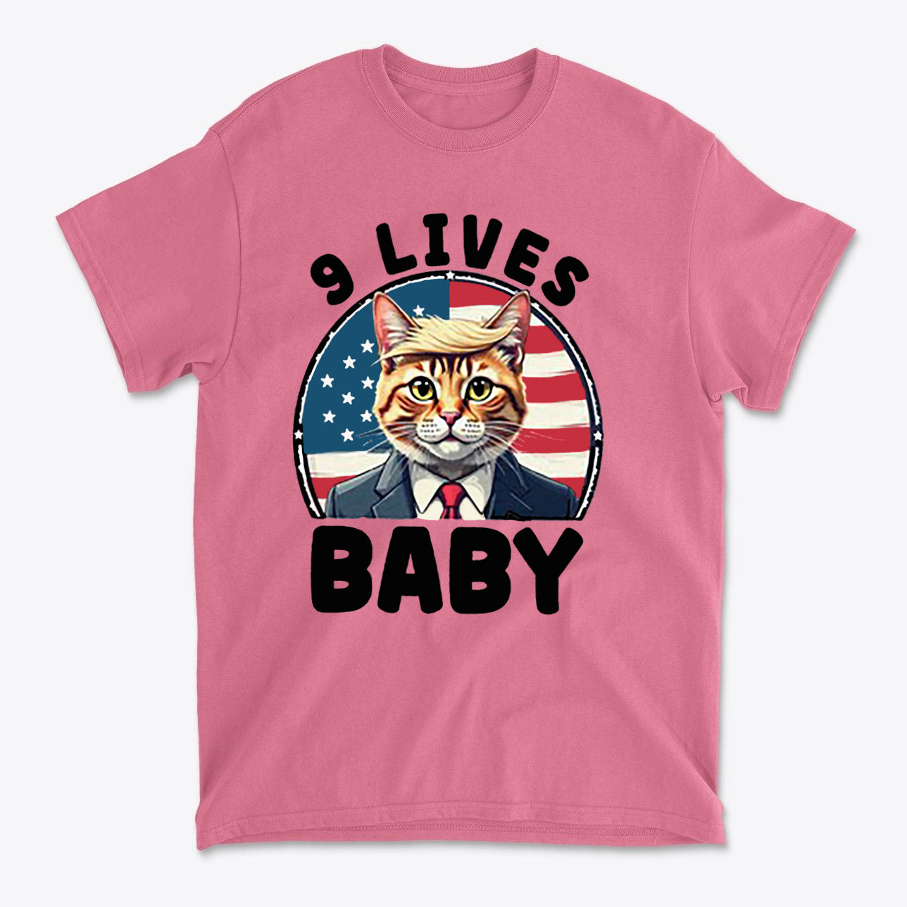 Nine Lives US Flag Round Design graphic tee featuring a cat in a suit, perfect for patriotic fans.