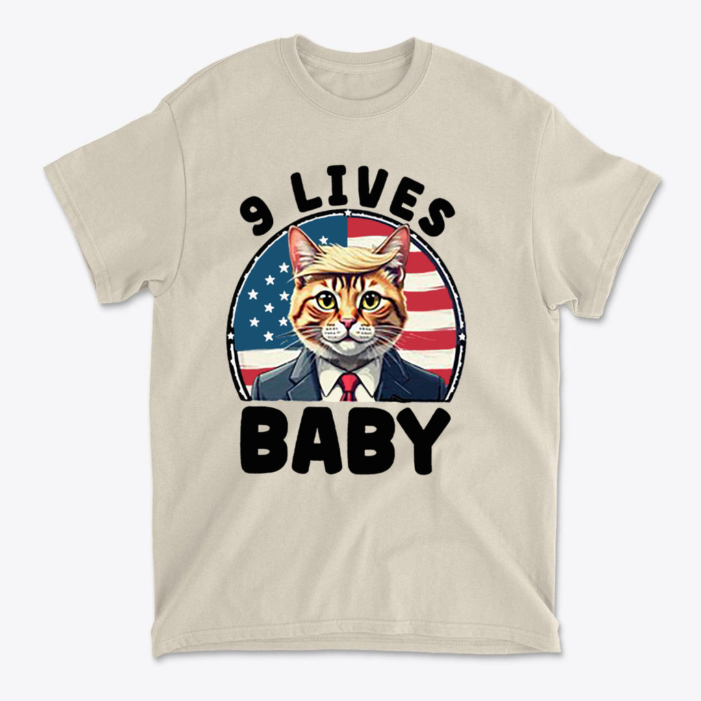 Nine Lives US Flag Round Design graphic tee with a cat in a suit and US flag background.