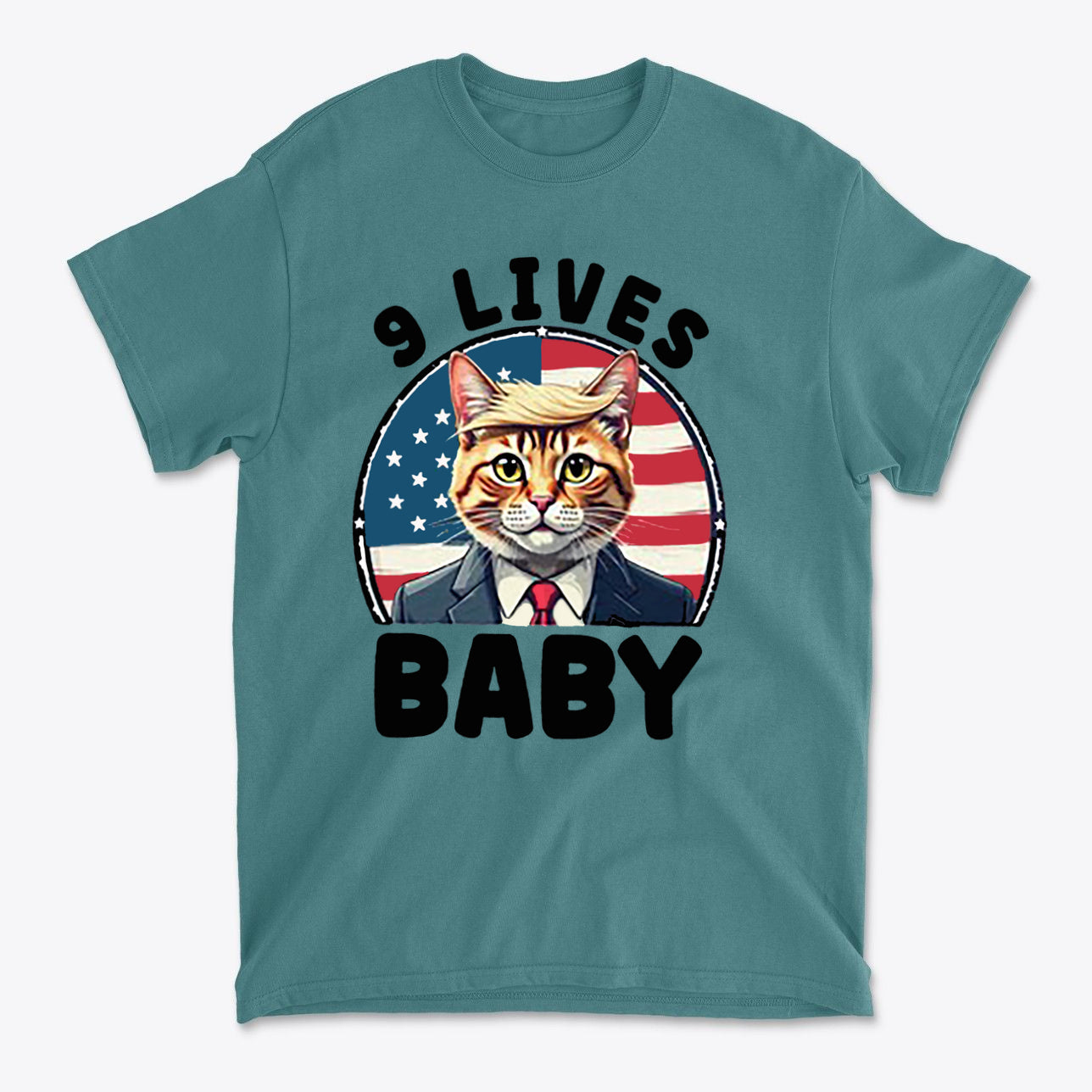 Nine Lives US Flag Round Design graphic tee featuring a cat in a suit with an American flag background.
