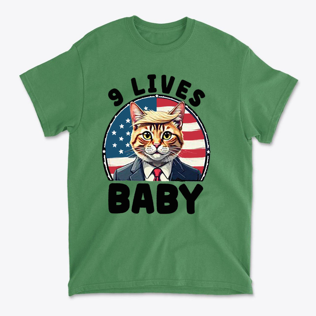 Nine Lives US Flag Round Design graphic tee featuring a cat in a suit against a US flag background.