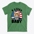 Nine Lives US Flag Round Design graphic tee featuring a cat in a suit against a US flag background.