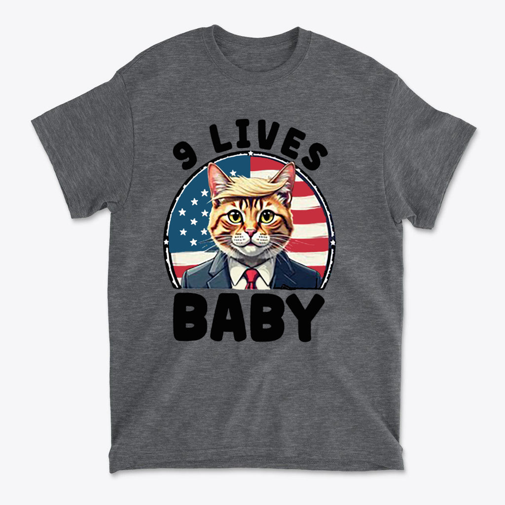 Nine Lives US Flag Round Design graphic tee featuring a cat in a suit against a US flag background.