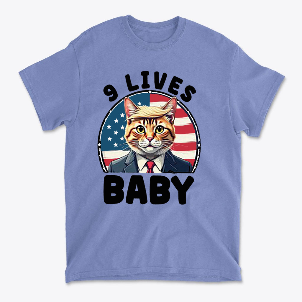 Nine Lives US Flag Round Design graphic tee featuring a cat in a suit with patriotic background.