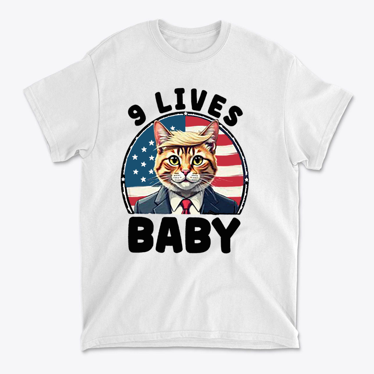 Nine Lives US Flag Round Design graphic tee featuring a cat in a suit and American flag background.