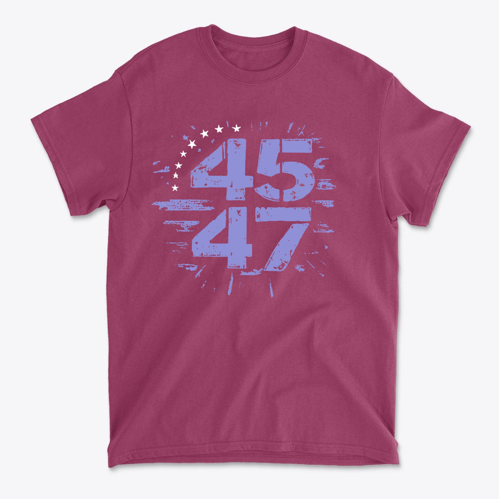 The 45 47 Stars Graphic Design graphic tee in maroon with blue design representing patriotic values.