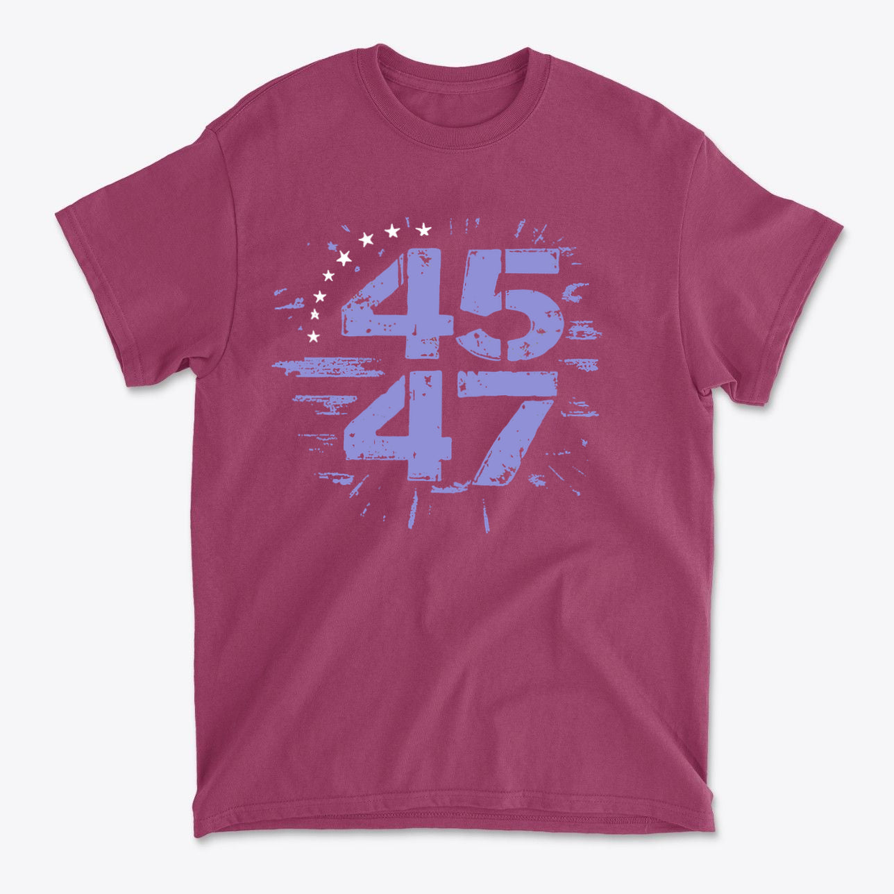 The 45 47 Stars Graphic Design graphic tee in maroon with blue design representing patriotic values.