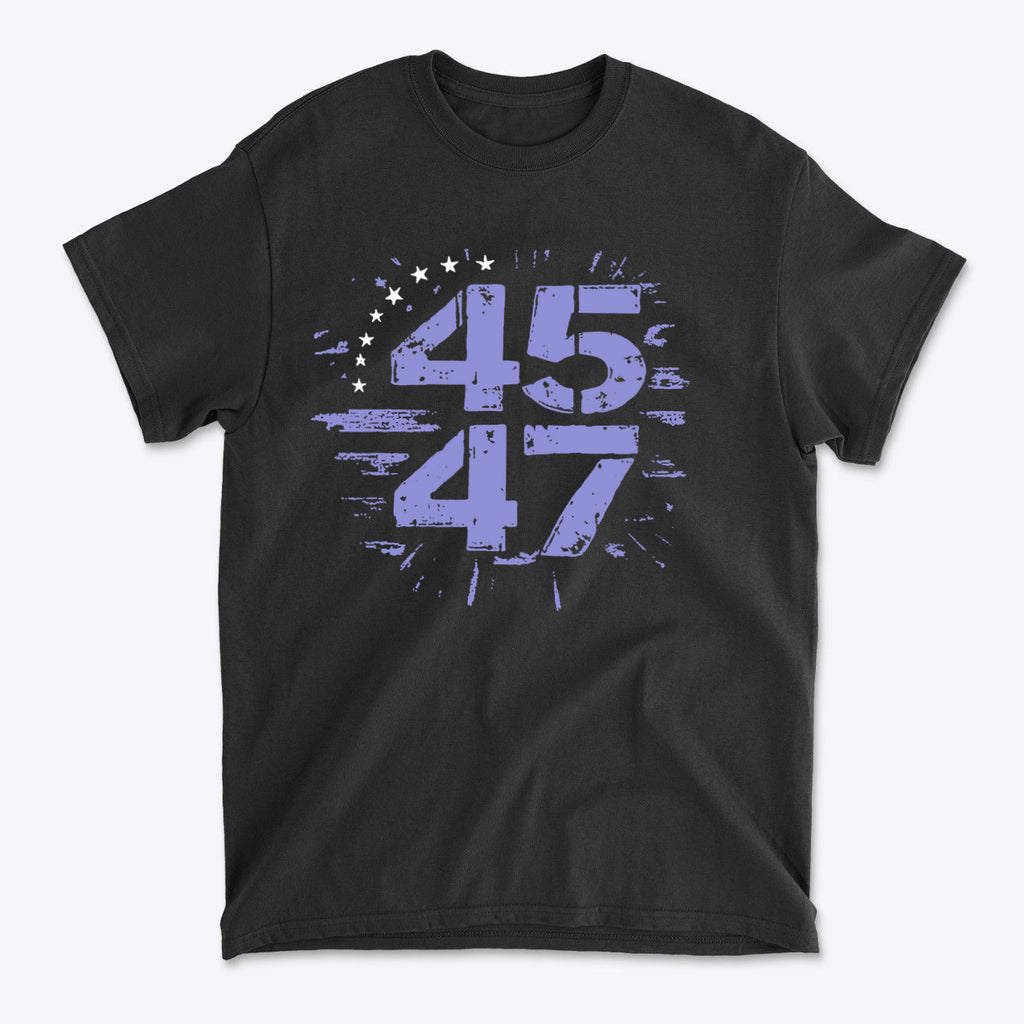 The 45 47 Stars Graphic Design black graphic tee featuring bold numbers on a stylish background.