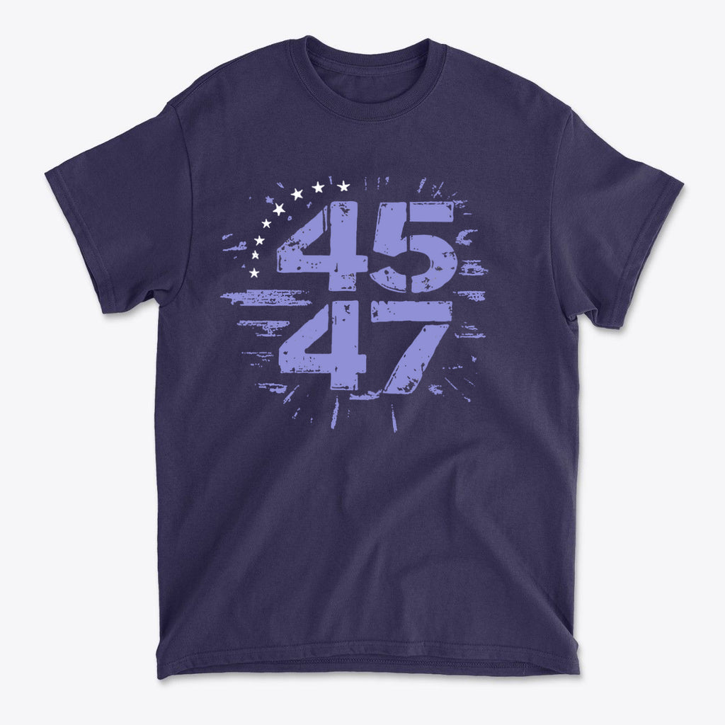 The 45 47 Stars Graphic Design printed on a navy blue graphic tee, symbolizing patriotic values and traditions.